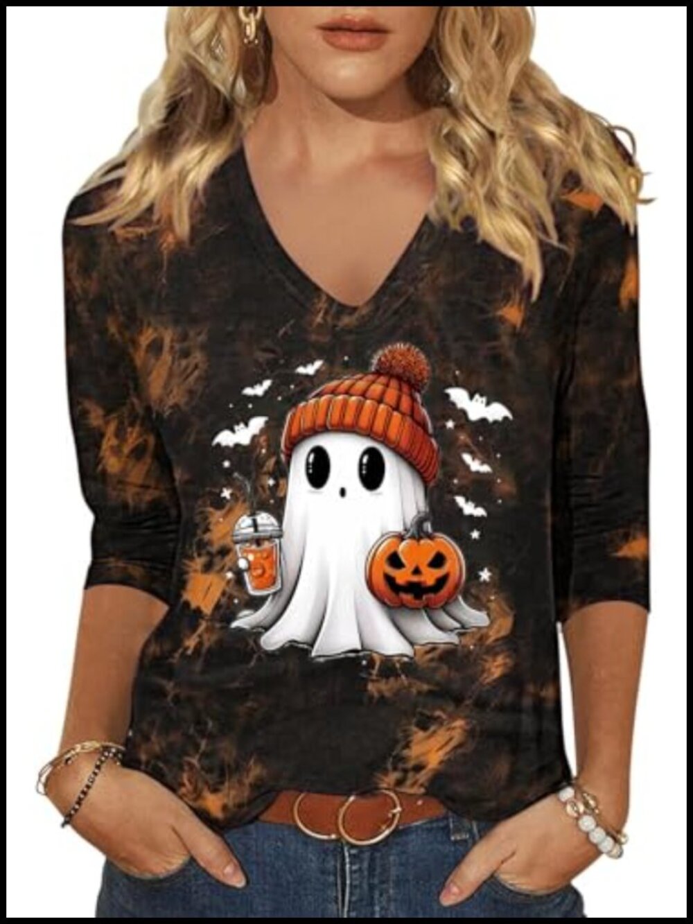 Womens Halloween Ghost 3/4 Sleeve V-Neck T-Shirt Cotton Blend Fall Top